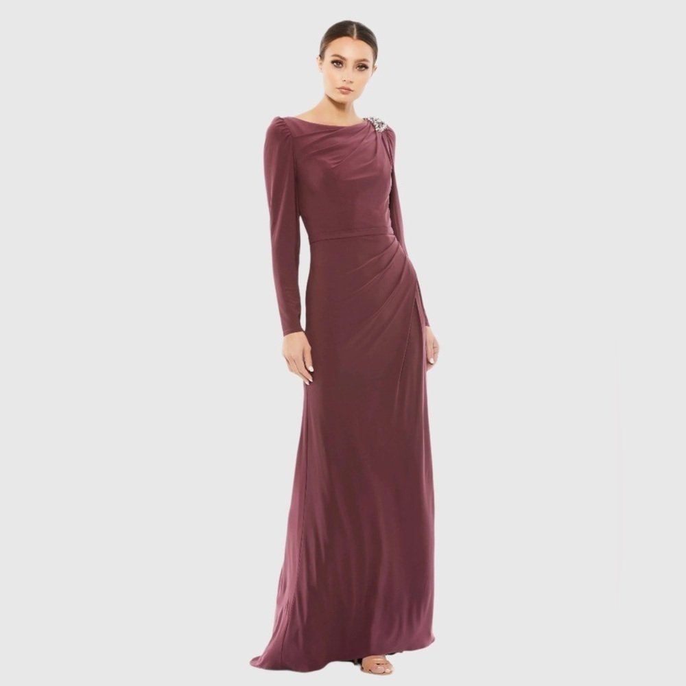 Mac Duggal 55695 Nwt Mauve Draped Bateau Long Sleeve Trumpet Gown